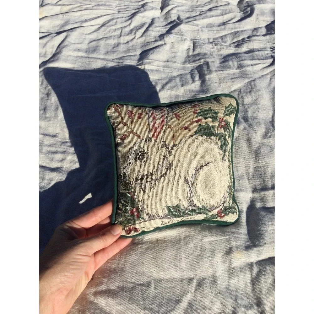 Vtg bunny square tapestry pillow 8” winter Easter rabbit‎ farmhouse green white